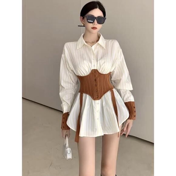 Women's French 2 in 1 Waistband Belt Shirt Dress (M) - Picture 2 of 10